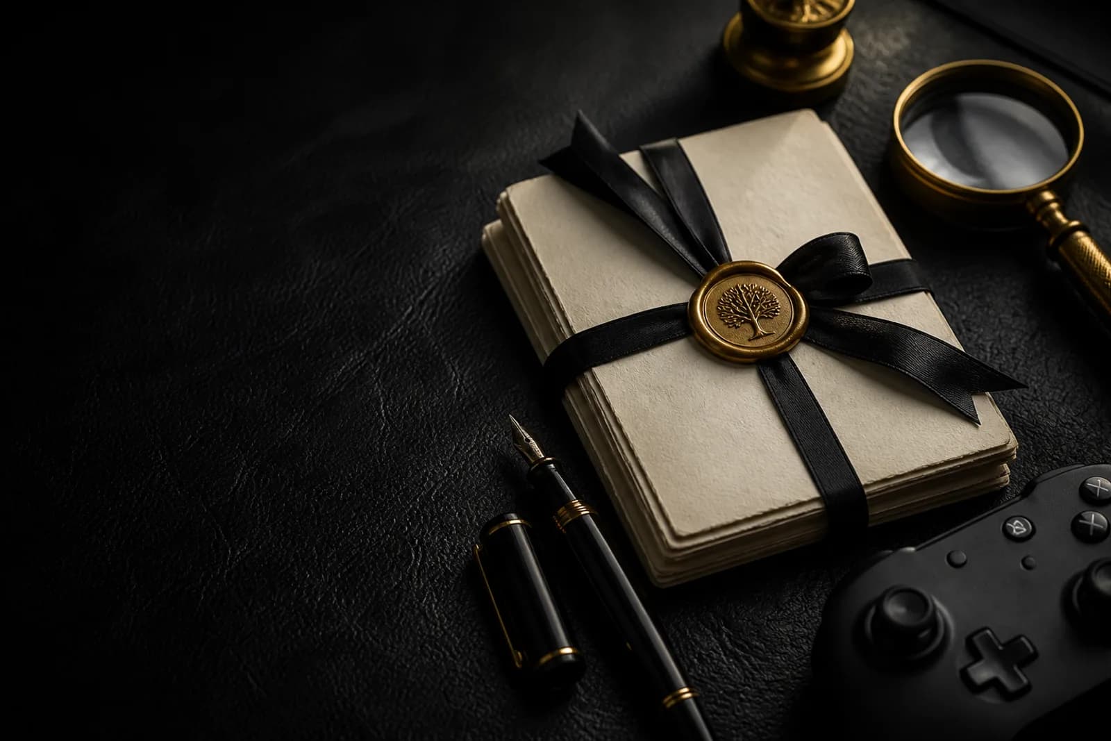 Ribbon-tied documents sealed with a gold yew wax seal, beside a brass magnifier, fountain pen and matte controller